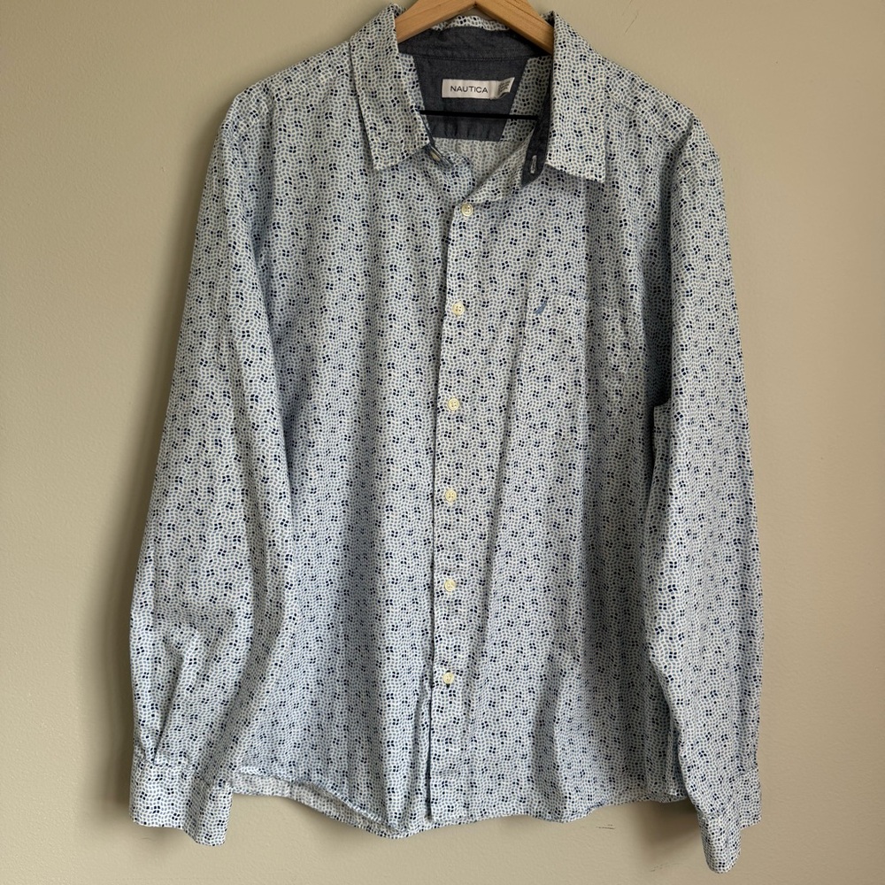Nautica Mens Shirt Button Up Blue XXL Long Sleeve 100% Cotton Work Business